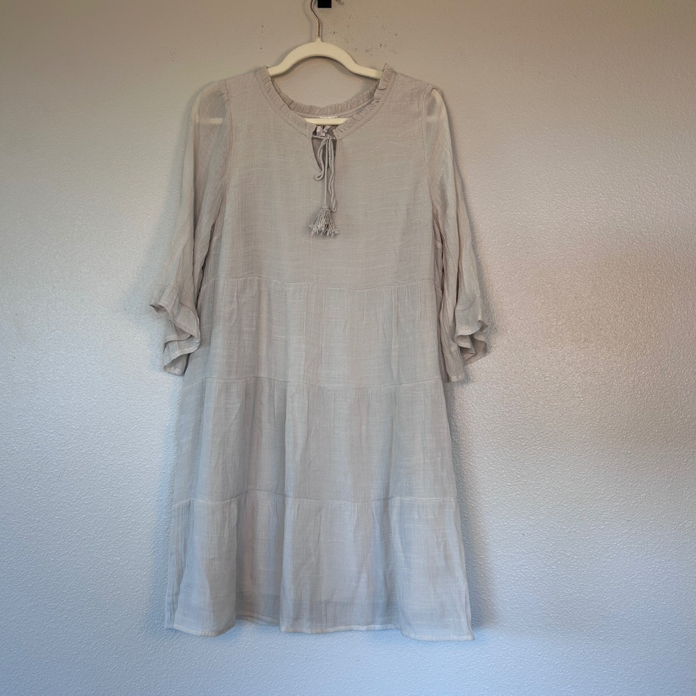 Naif Anthro Beige Tiered Boho Crinkle Gauze Tassel Tie Shift Dress Women's Large